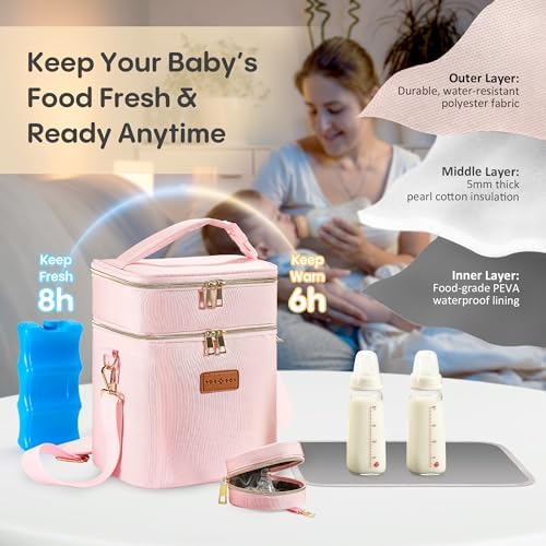 Double layer insulated baby bottle cooler bag showing storage capacity