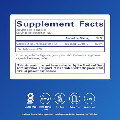 Pure Encapsulations Vitamin D3 5000 IU supplement facts and ingredient list