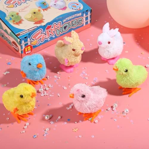 Side angle of plush hopping chick toy showcasing the mechanical clockwork winding key mechanism.