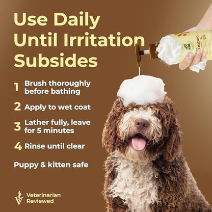 Back label of Pe4u Natural Pet Shampoo showing directions and natural ingredients