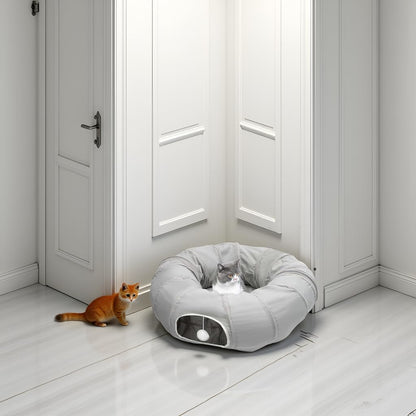 Close up view of the multiple entry points and peepholes on the grey AUOON cat tunnel