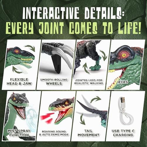 Walking velociraptor toy displaying LED light effects