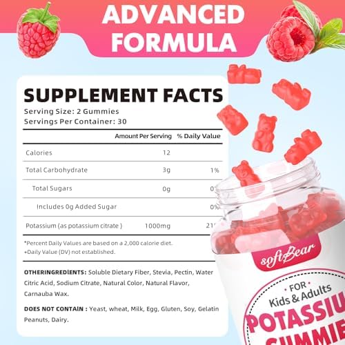 Softbear vegan potassium gummies in raspberry flavor displayed next to natural ingredients.
