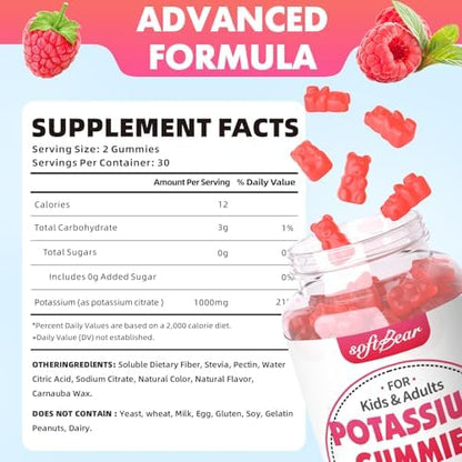 Softbear vegan potassium gummies in raspberry flavor displayed next to natural ingredients.