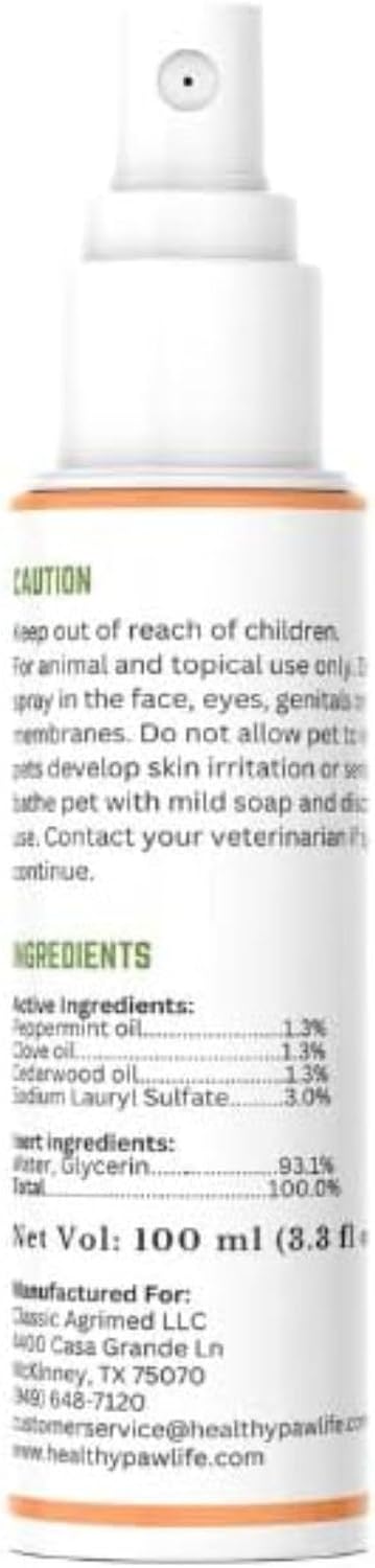 Healthy Paw Life flea and tick spray packaging on a wooden surface