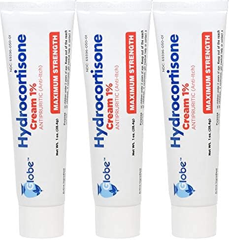 Globe Hydrocortisone Maximum Strength Cream front view of three pack packaging for eczema relief.