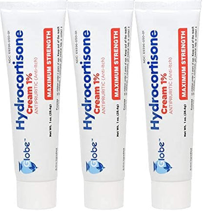Globe Hydrocortisone Maximum Strength Cream front view of three pack packaging for eczema relief.