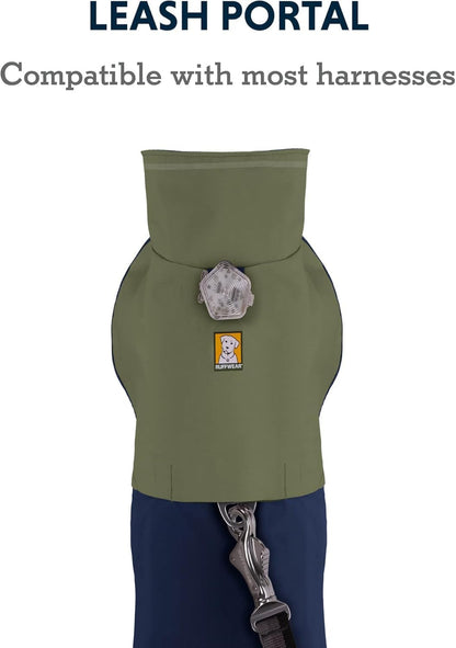 Reflective trim details on a durable ripstop fabric pet raincoat.