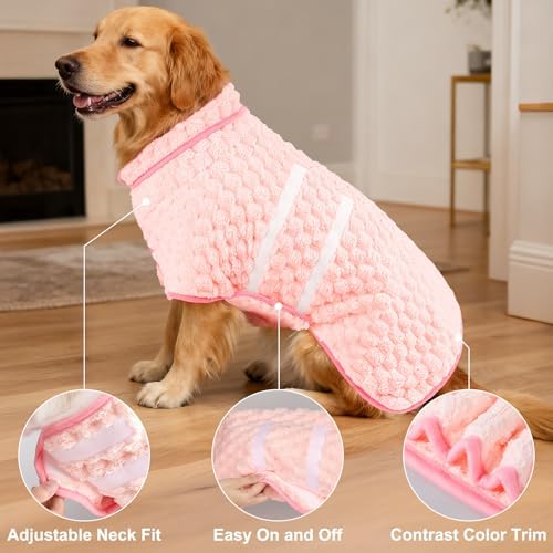 Side view of dog wearing absorbent drying robe