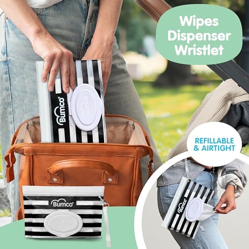 Bumco reusable wipes pouch with wristlet strap hanging on a stroller