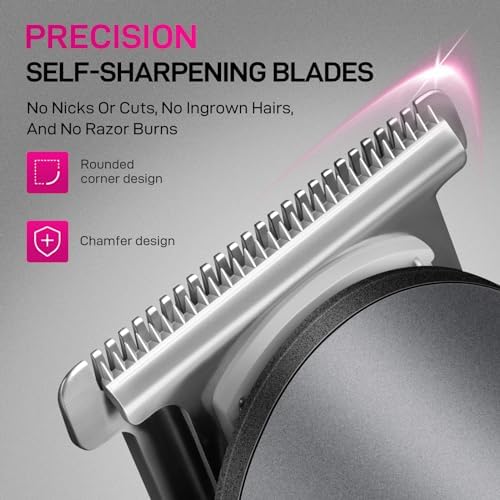 PRITECH electric bikini shaver resting on its frosted standing recharge dock