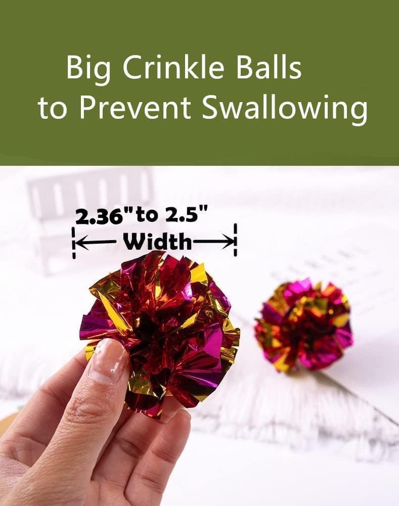 Vibrant metallic crinkle cat toy balls scattered on a wooden floor
