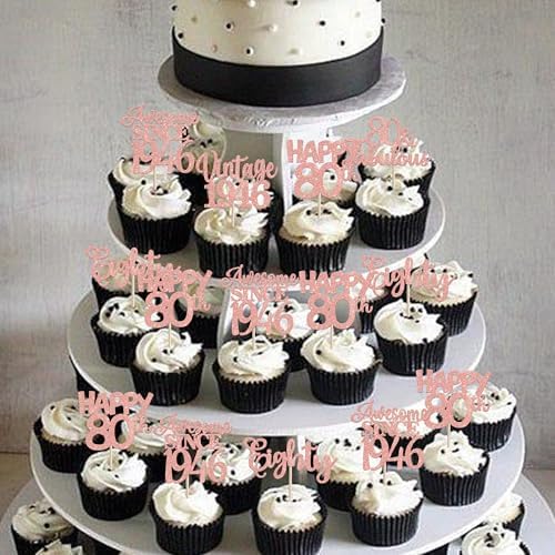 80th birthday party food display with glitter cupcake picks