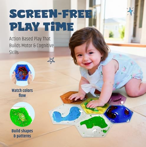 Different angles of the colorful squishy liquid gel hexagon toys illustrating thick burst resistant construction.