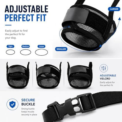 FDEETY imported dog mouth cover showing the fully extended adjustable strap mechanism for custom sizing.