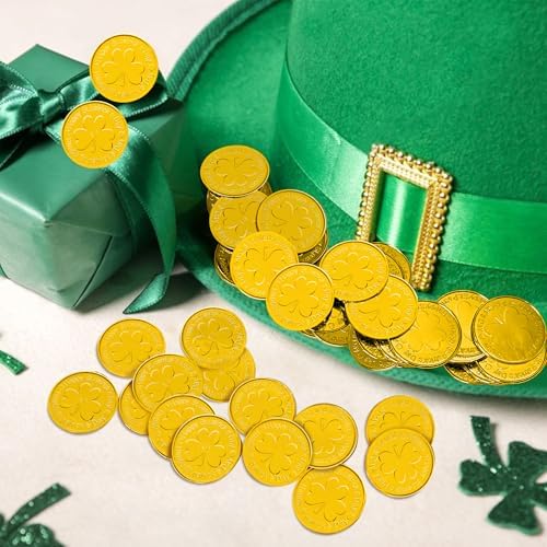 Close up of Yoblink clover leprechaun coins showing detailed festive text embossing