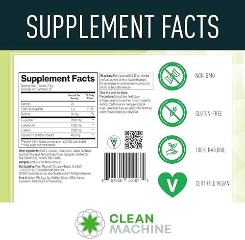 Supplement facts label for Clean Machine food sourced BCAAs.
