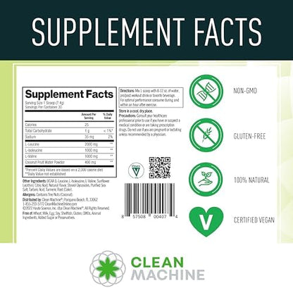 Supplement facts label for Clean Machine food sourced BCAAs.