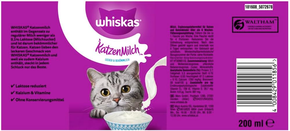 Whiskas cat milk nutritional information and feeding guide label details.