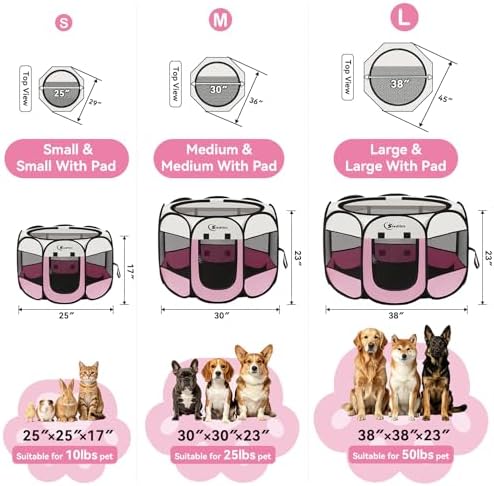 Siedihit Dog Cat Playpen, Puppy Pet Playpen Indoor for Small Dog Crate Tent Cage Outdoor, Portable Pop Up Dogs Enclosure Kennel with Carrying Case for Dogs/Cats/Rabbits(Pink, Small with pad) - Image 3