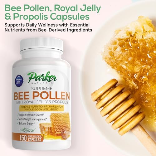 Back label of Parker Naturals Supreme Bee Pollen showing detailed ingredients and adult dosage instructions.