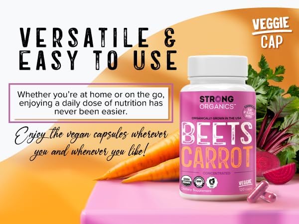 Lifestyle arrangement of strong organics bottle with fresh beets and carrots