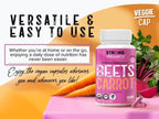 Lifestyle arrangement of strong organics bottle with fresh beets and carrots