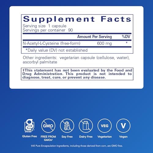 Pure Encapsulations NAC 600 mg supplement label showing ingredients and facts
