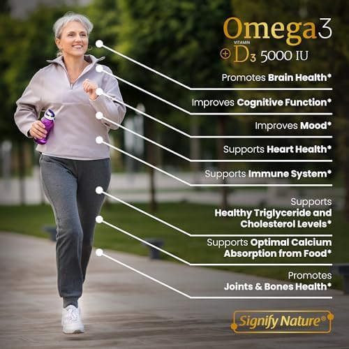 Signify Nature daily wellness supplement packaging highlighting 5000 IU Vitamin D3 and molecular distillation process