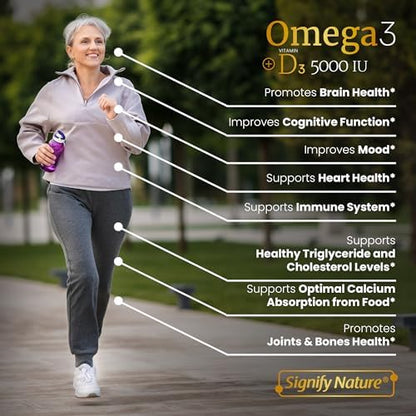 Signify Nature daily wellness supplement packaging highlighting 5000 IU Vitamin D3 and molecular distillation process