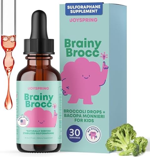 JoySpring broccoli supplement liquid dropper bottle highlighting the raspberry flavor and vegan label.