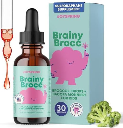 JoySpring broccoli supplement liquid dropper bottle highlighting the raspberry flavor and vegan label.