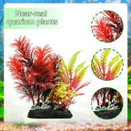 Assorted green and purple plastic aquatic plants showing the detachable root structure