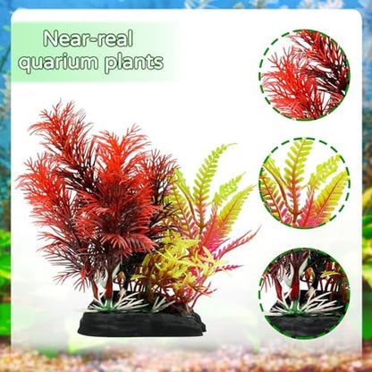 Assorted green and purple plastic aquatic plants showing the detachable root structure