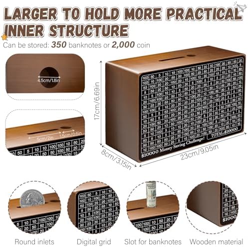 Side angle of the reusable wooden cash vault bank displaying the dual coin and paper bill insertion slots.