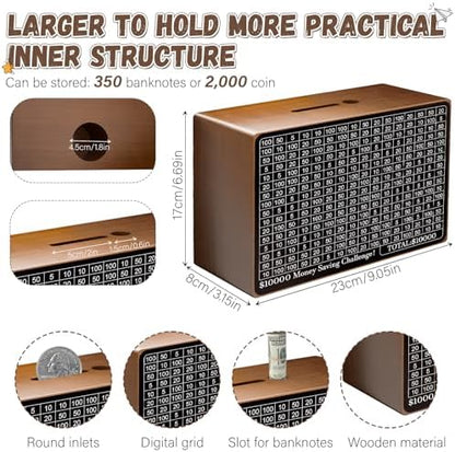 Side angle of the reusable wooden cash vault bank displaying the dual coin and paper bill insertion slots.