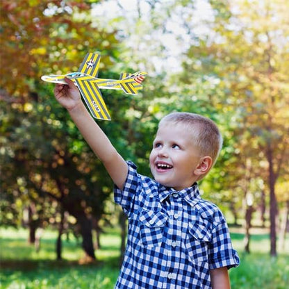 A children's group activity featuring multiple unique ArtCreativity foam fighter jets ready for outdoor flying fun