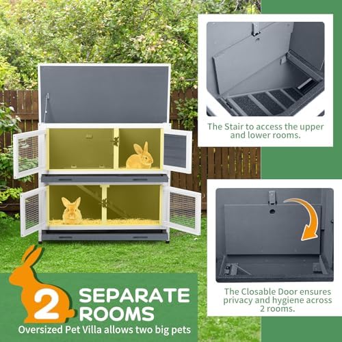 2 Story Solid Wood Rabbit/Bunny Hutch with 2 Large Main Rooms, Indoor Outdoor Rabbit House Guinea Pig Cage Pet House for Small Animals with Ventilation Door Removable Tray Waterproof Roof (Grey) - Image 4