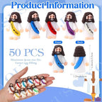 Close-up view of individual Bememo miniature Christ figures highlighting the colorful cassocks and Jesus Loves You sash details.