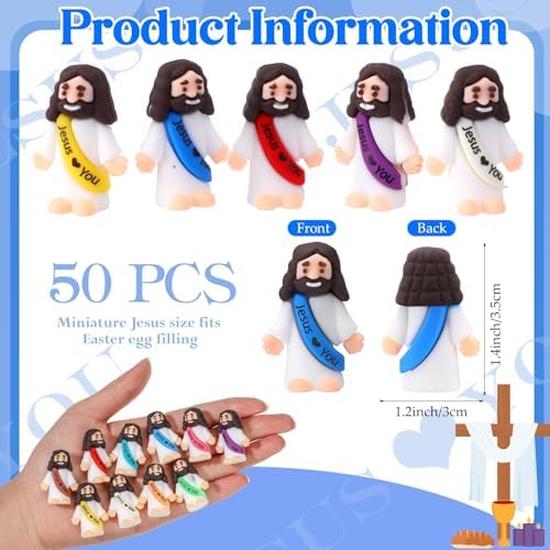 Close-up view of individual Bememo miniature Christ figures highlighting the colorful cassocks and Jesus Loves You sash details.