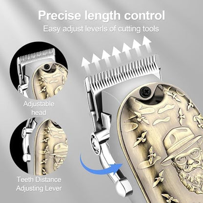 Close-up perspective of the skin-friendly R-shaped obtuse edge stainless steel blades on the LQT professional hair clipper.
