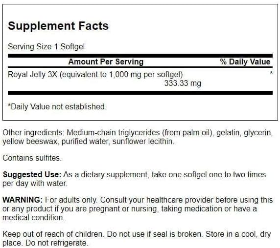 Swanson Premium maximum strength royal jelly vitality formula supplement facts label.