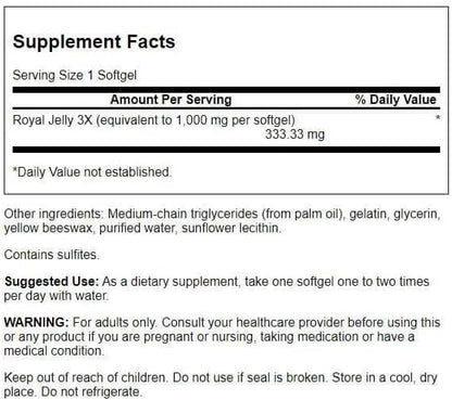 Swanson Premium maximum strength royal jelly vitality formula supplement facts label.