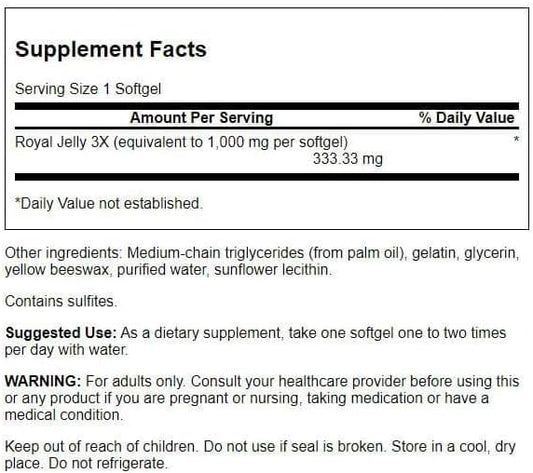 Swanson Premium maximum strength royal jelly vitality formula supplement facts label.