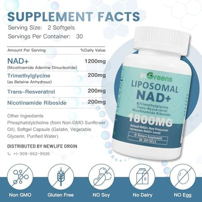 Ingreens Liposomal NAD+ supplement facts label detail