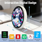 White smart e-badge displaying custom animated anime character artwork