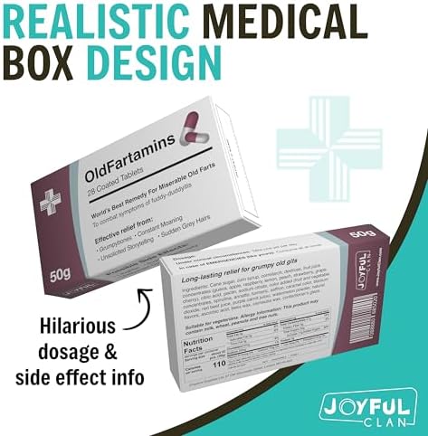Close up details of the witty labels and funny aging side effects printed on the prank gift box.