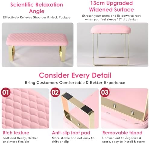 Ergonomic U-shaped design of pink nail tech hand rest.