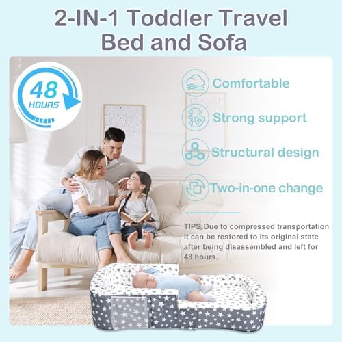 Angelbecke toddler travel bed packed and folded flat demonstrating lightweight portability for family vacation.