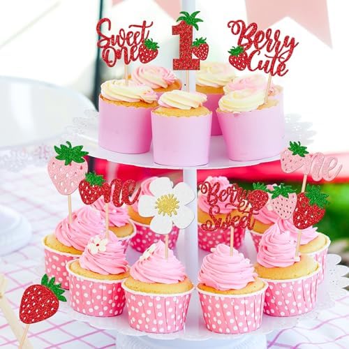 Sparkling red strawberry birthday cupcake decorations